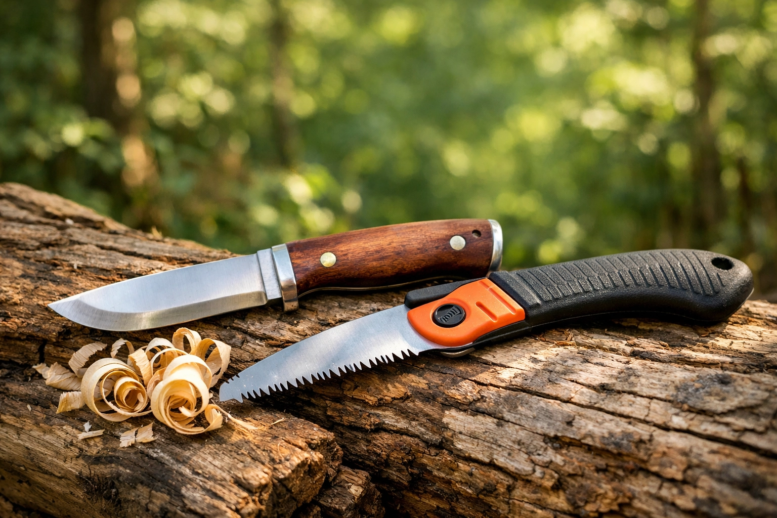 Bushcraft tools including a wooden-handled knife and folding saw resting on a sun-dappled log in the forest.