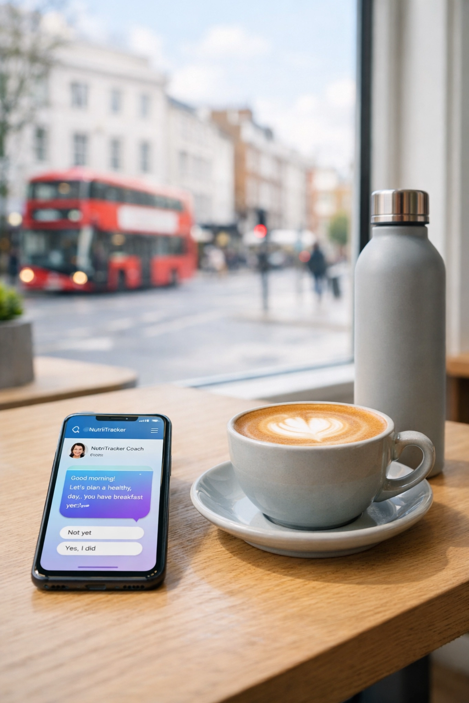 Smartphone with NutriTracker AI Nutrition Coach UK app next to a flat white coffee at a London cafe.