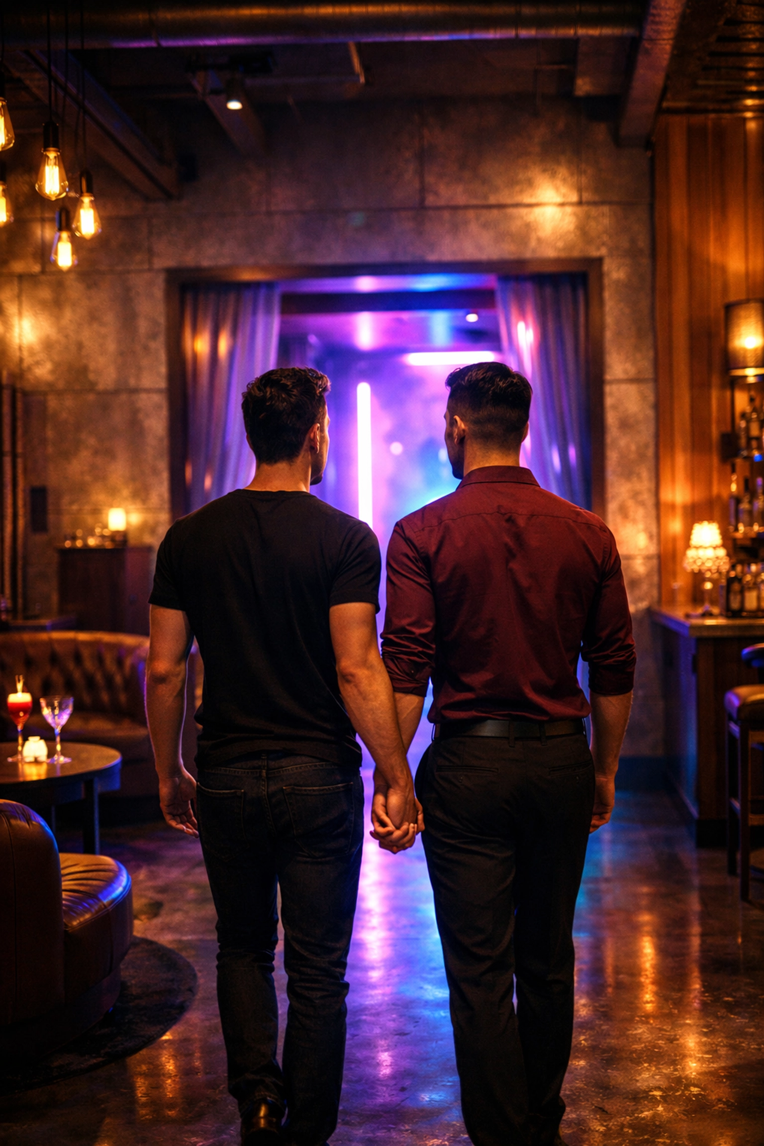 A gay couple walking into a modern club, exploring intimacy and bond-strengthening in safe LGBTQ+ spaces.