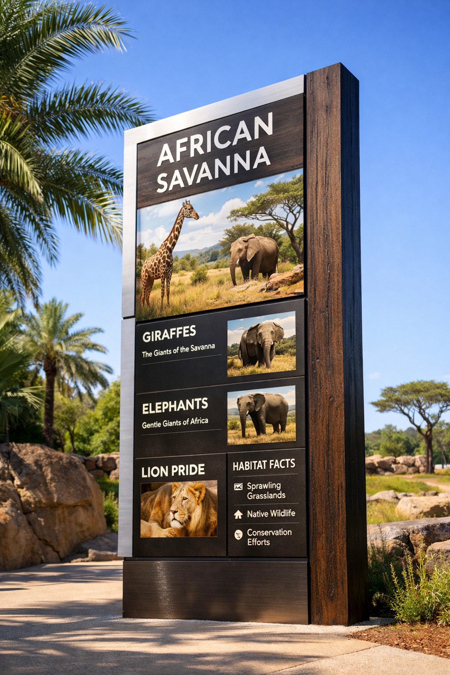 Modern zoo signage pylon demonstrating high-visibility outdoor design and professional visual communication.