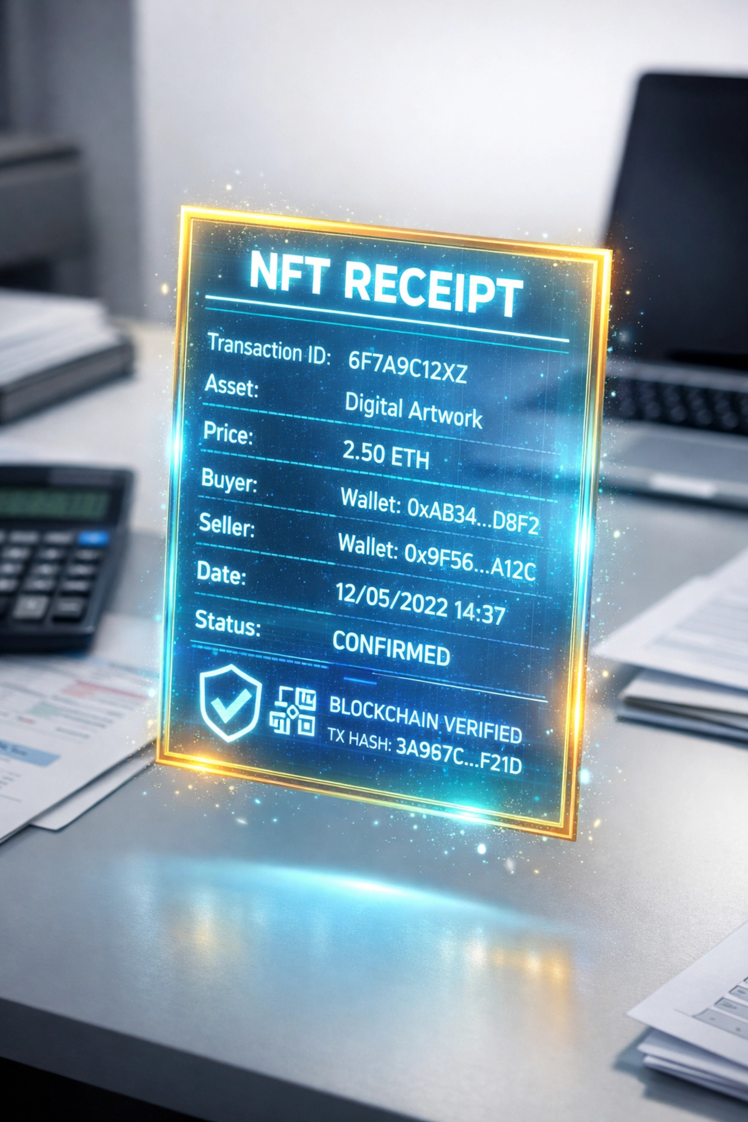 NFT receipt for crypto transactions showing blockchain-verified accounting data