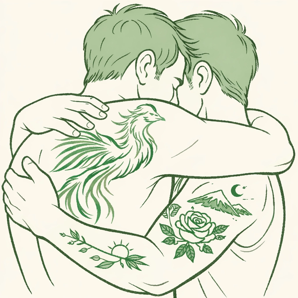 Gay couple embracing showing completed phoenix tattoo, symbolizing love and starting over