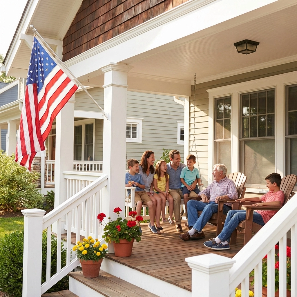 American family gathered on a porch enjoys conversation beside the US flag, showing patriotic tradition