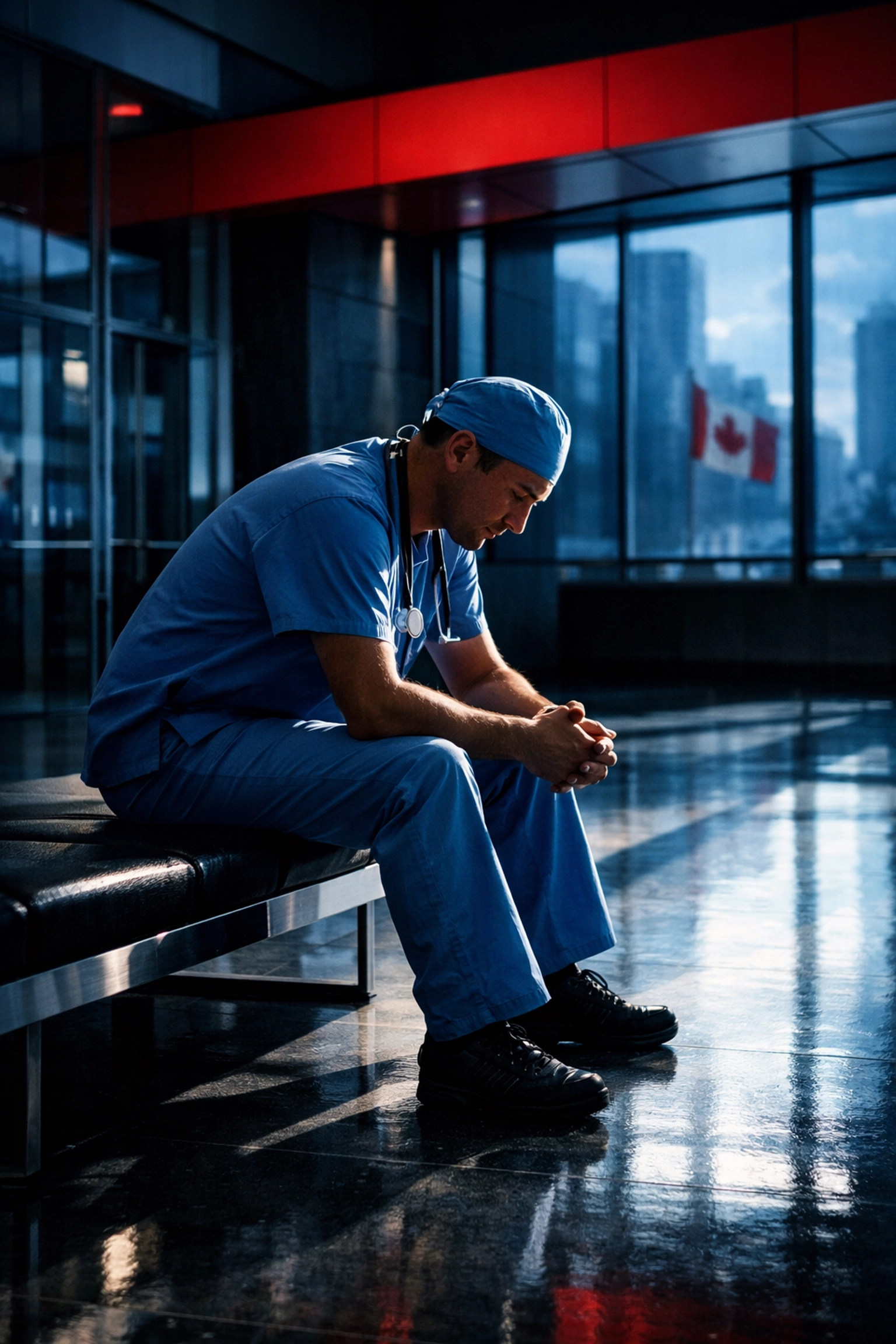 A Canadian healthcare worker reflects in a hospital lobby, illustrating public sector professional burnout.