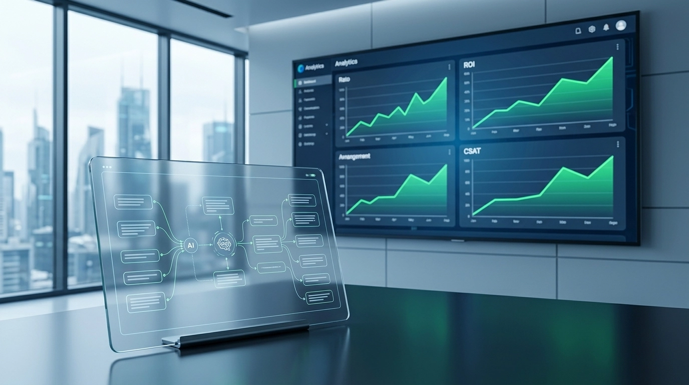 Professional dashboard showing rising ROI and CSAT analytics