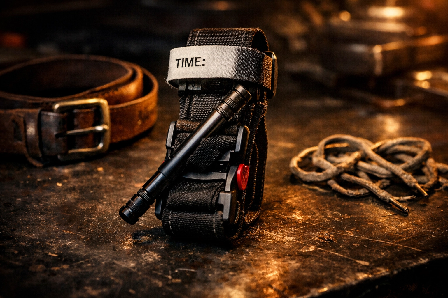 A professional combat tourniquet compared to ineffective improvised tools like a leather belt and shoelace.