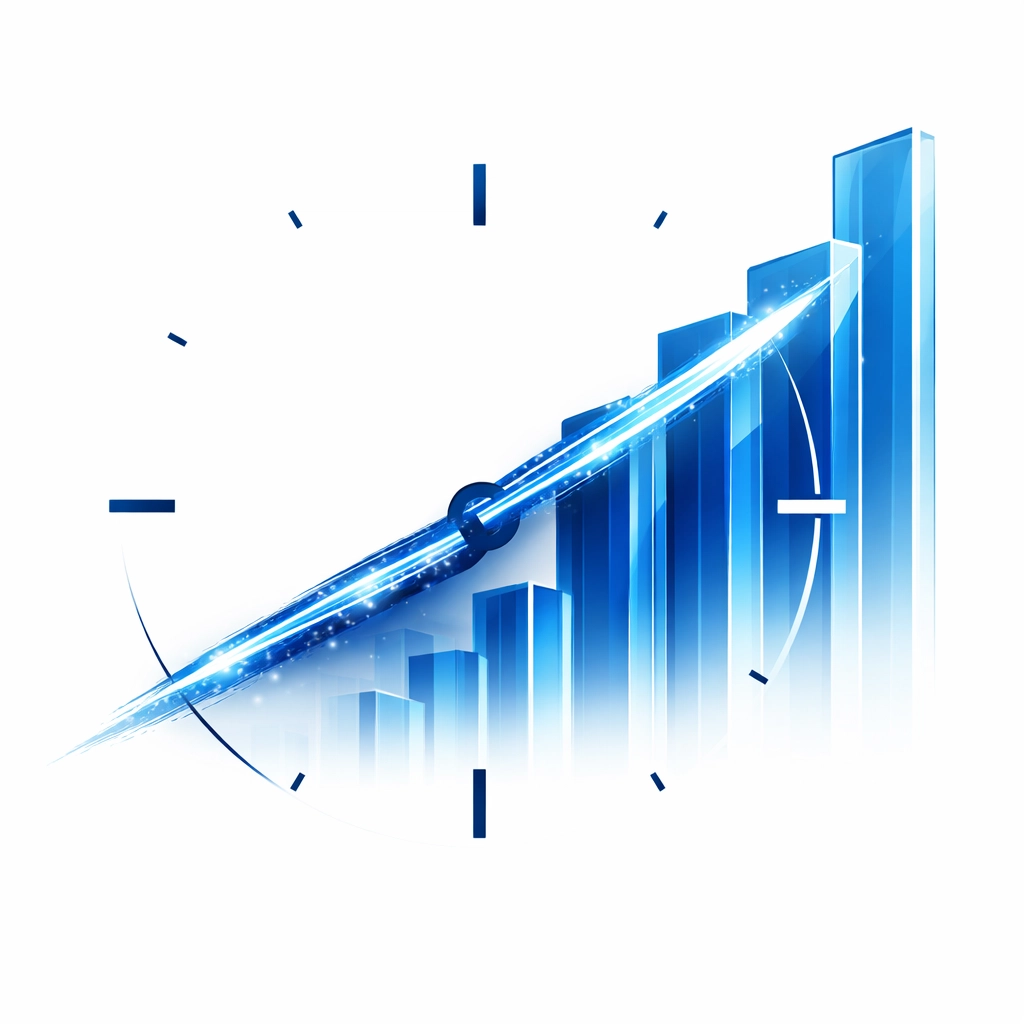 Abstract clock and growth bars representing reclaimed time and business scaling through clinical automation.