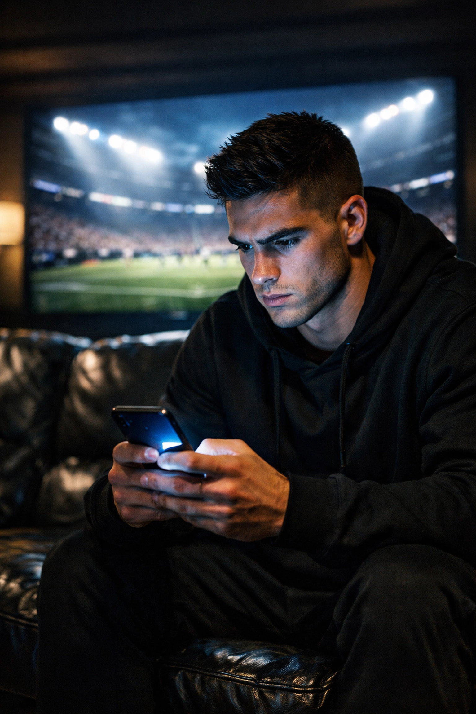 Athlete using a smartphone during a Super Bowl game, demonstrating NIL second-screen engagement.