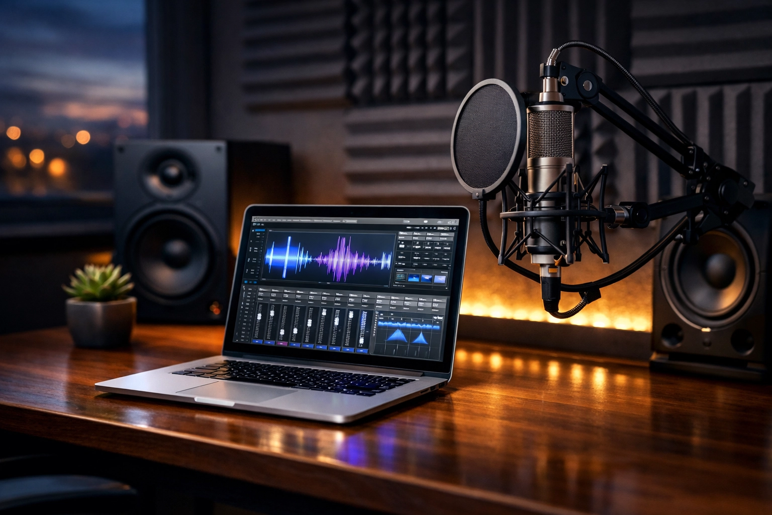 A modern home music studio with a digital audio workstation and professional microphone for DIY artists.