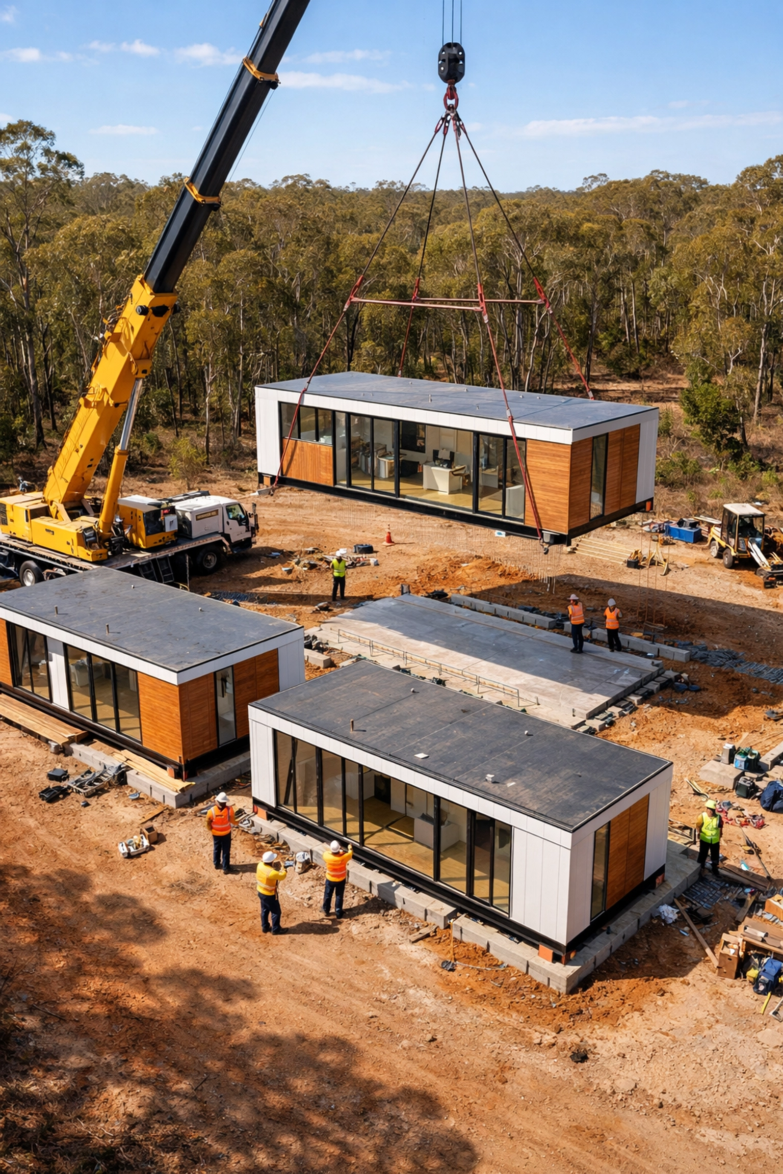 Modular home modules being crane-lifted onto foundations at Australian construction site