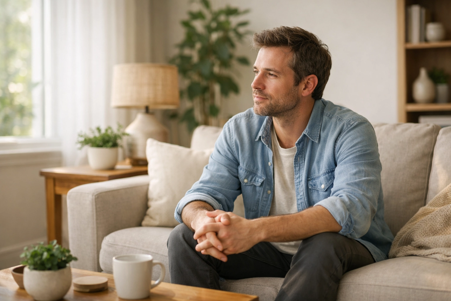 A man in a sunlit room reflecting on mental health and recovery from burnout or depression.