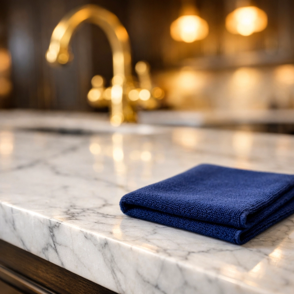 Pristine Carrara marble kitchen island cleaned using eco-friendly house cleaning Wellesley MA methods.