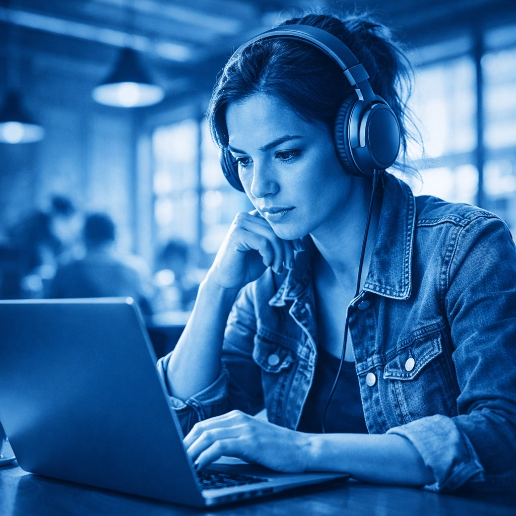 Remote employee in a co-working space using integrated Google Workspace tools for business communication.
