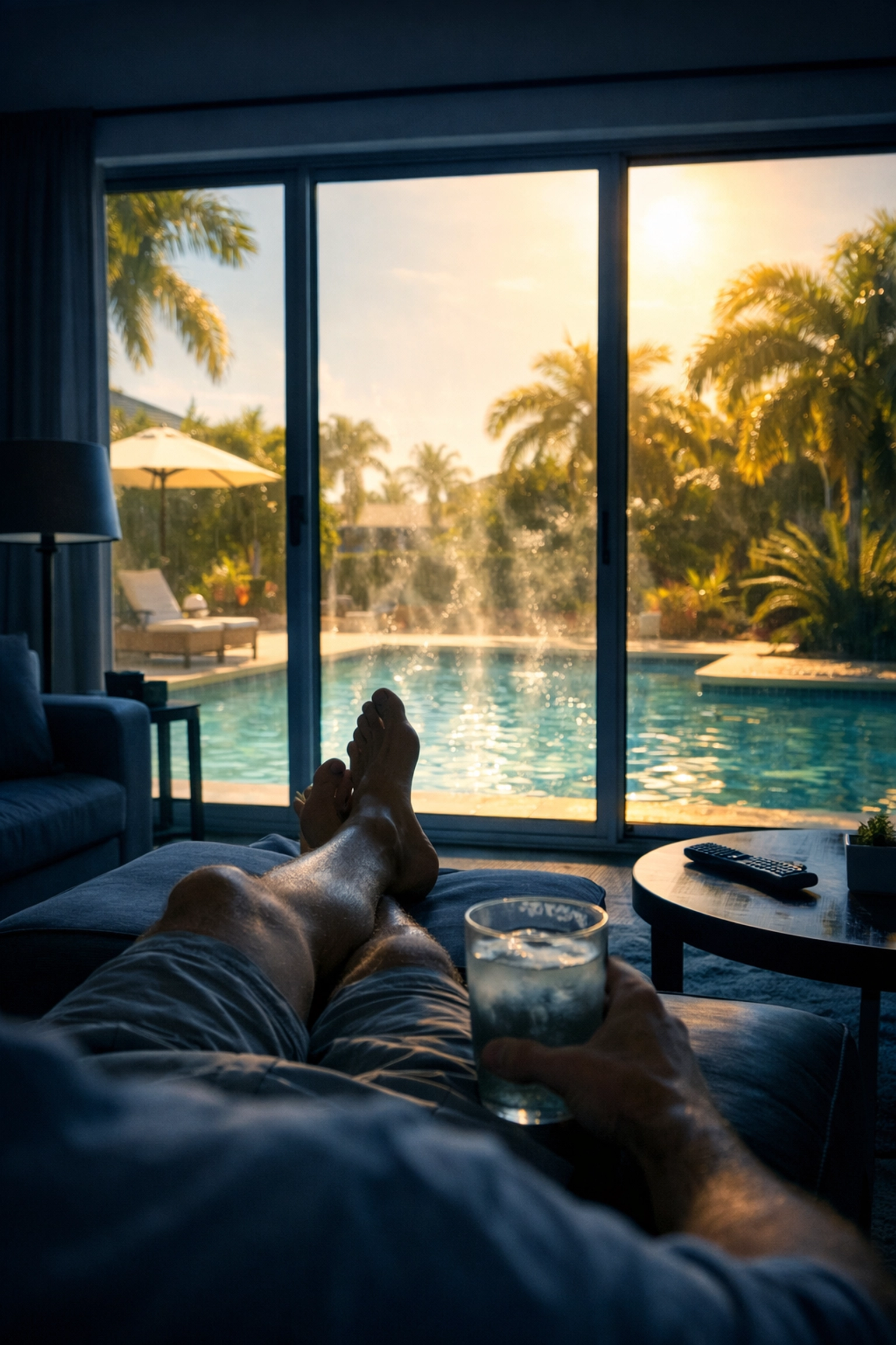 Homeowner relaxing in a cool house thanks to regular ac maintenance during a hot Fort Myers summer day.