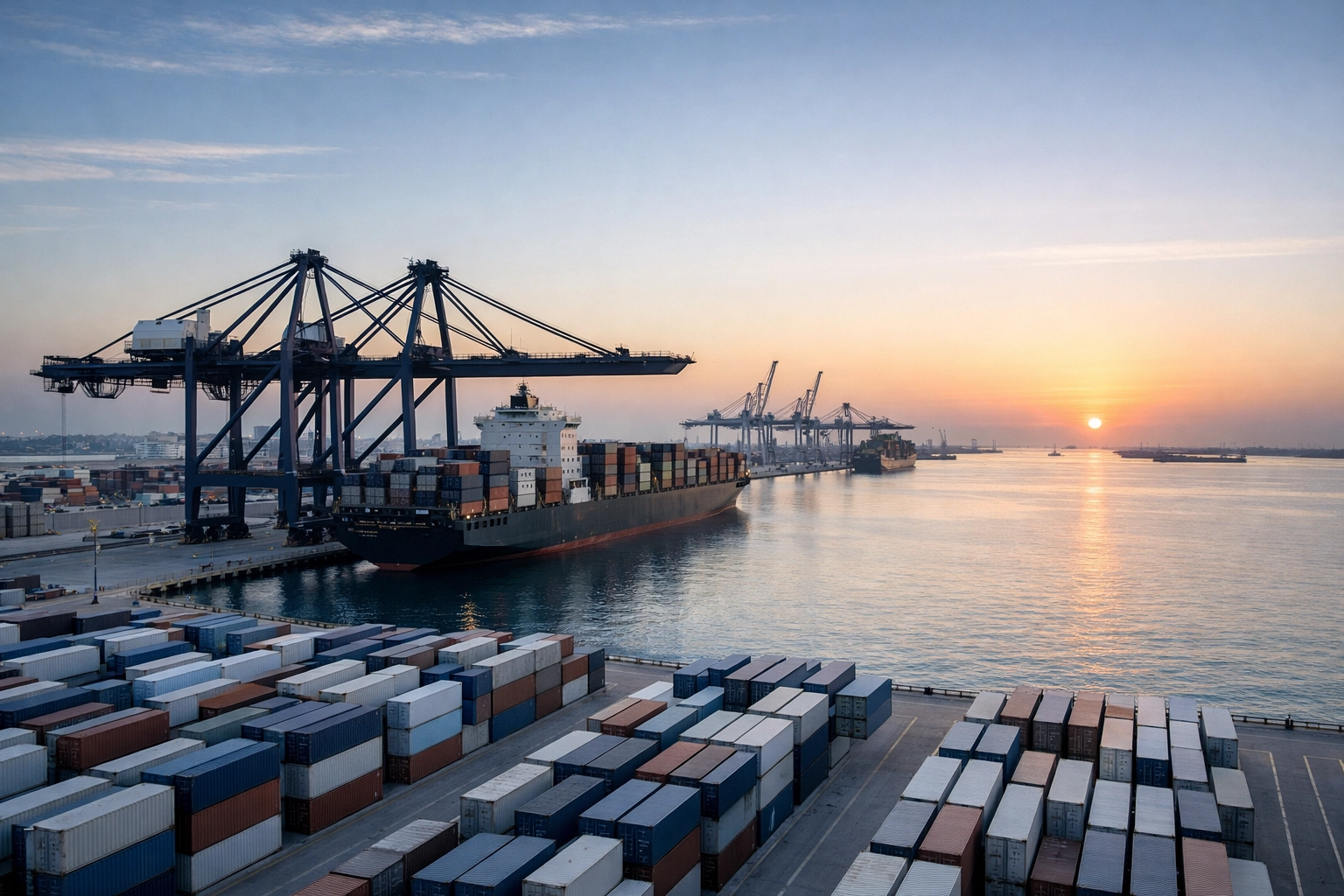 Maritime industrial port in Gulfport at sunrise, showing the economic strength of the Mississippi coast.