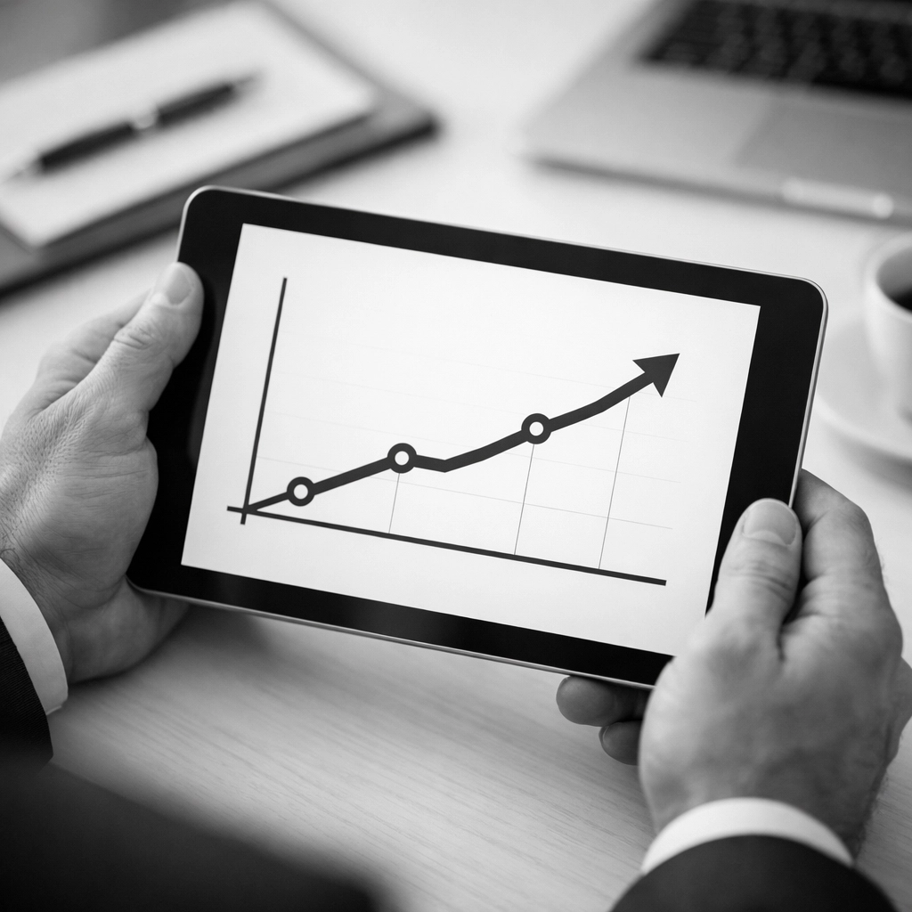 Business professional analyzing customer lifetime value metrics on tablet