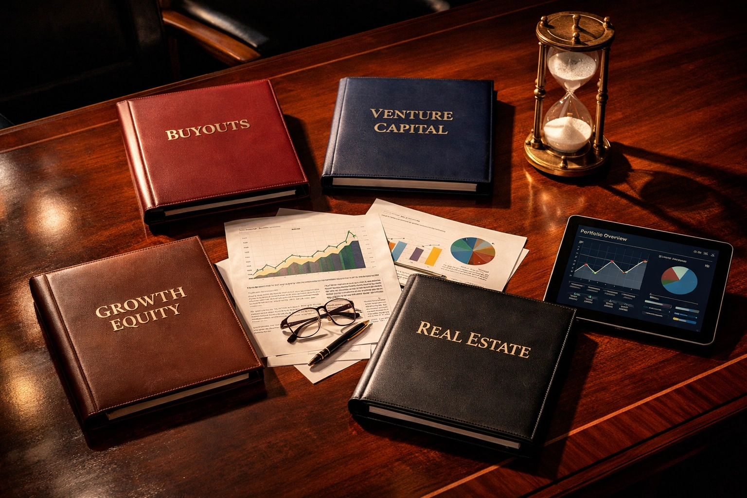 Private equity investment strategies and portfolio analytics on boardroom table