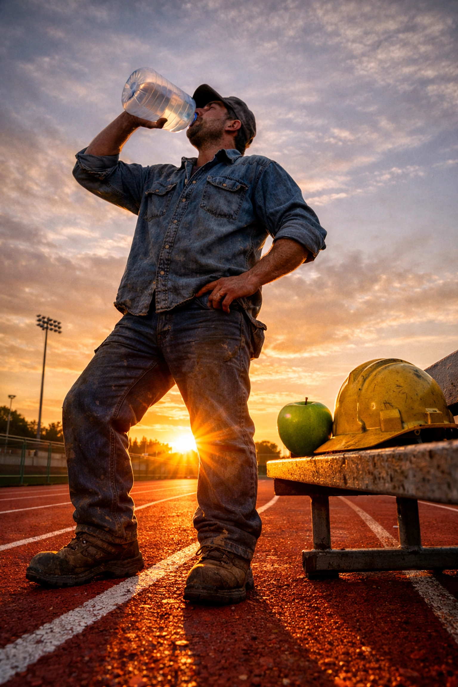 A worker in a hard hat holding water and a green apple, symbolizing personal health and preventative wellness.