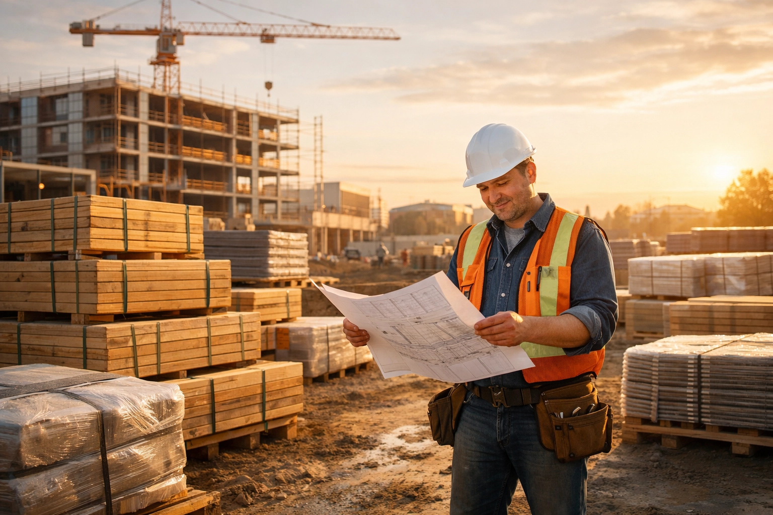 Commercial project site with organized materials and a contractor reviewing plans