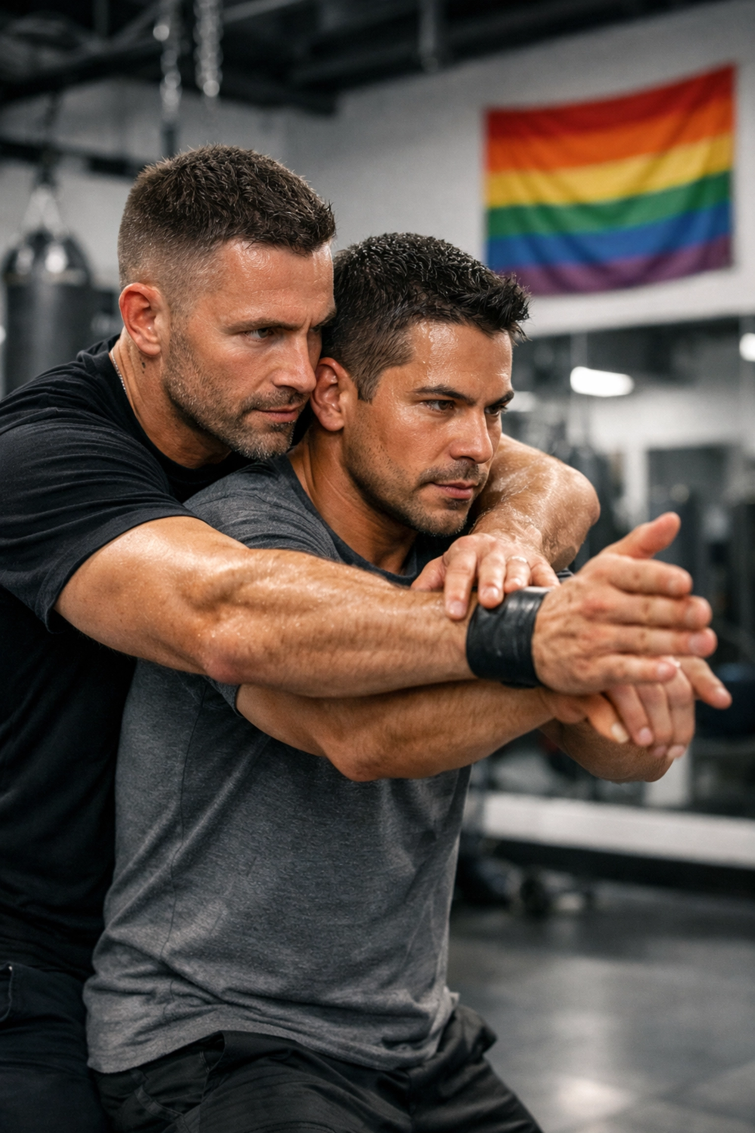 Two men practicing self-defense in a gym, evoking the bodyguard trope found in MM romance books.