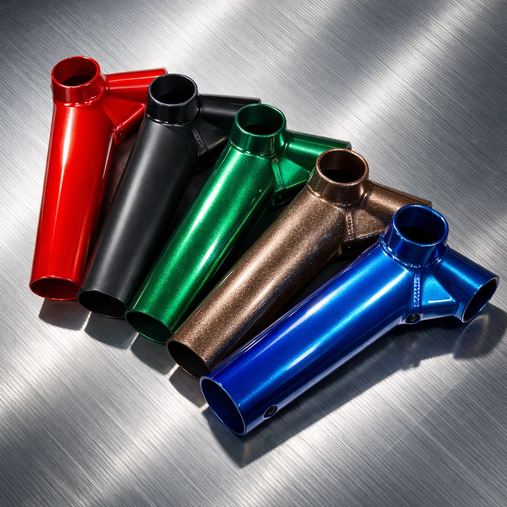 Powder coat finish options for e-bikes including gloss, matte, and metallic colors