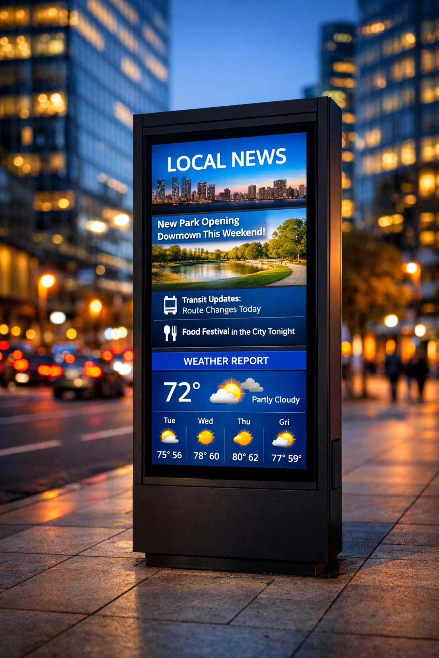 Modern smart city digital kiosk displaying real-time data and news on a city sidewalk at twilight.