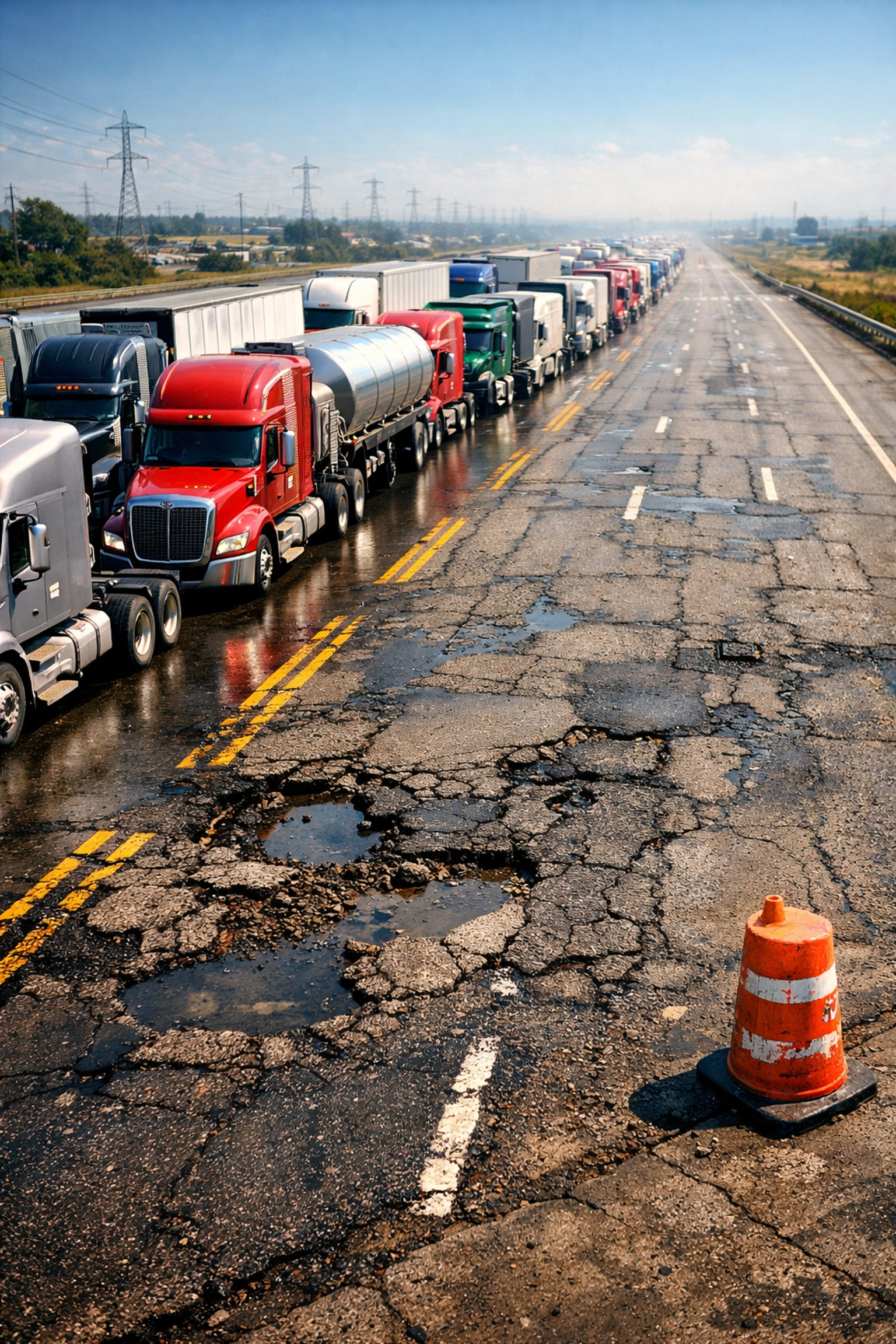 Long line of semi-trucks stuck in a traffic jam on a deteriorating highway with deep potholes.