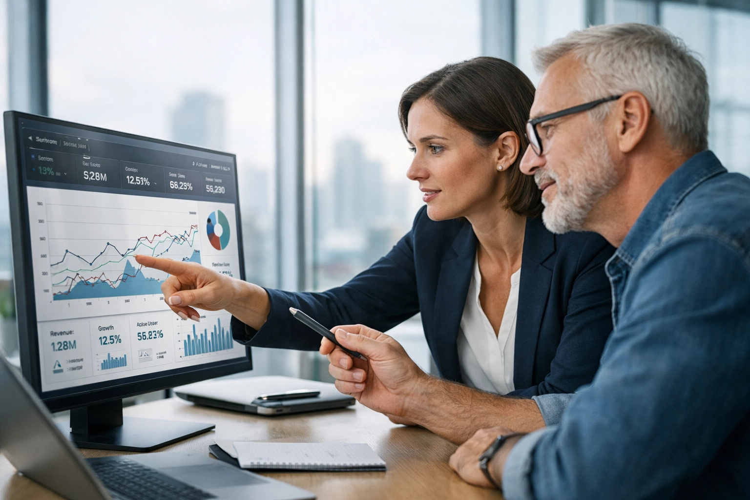 IT strategists collaborating on a ServiceNow dashboard to optimize platform health and ROI for global enterprises.