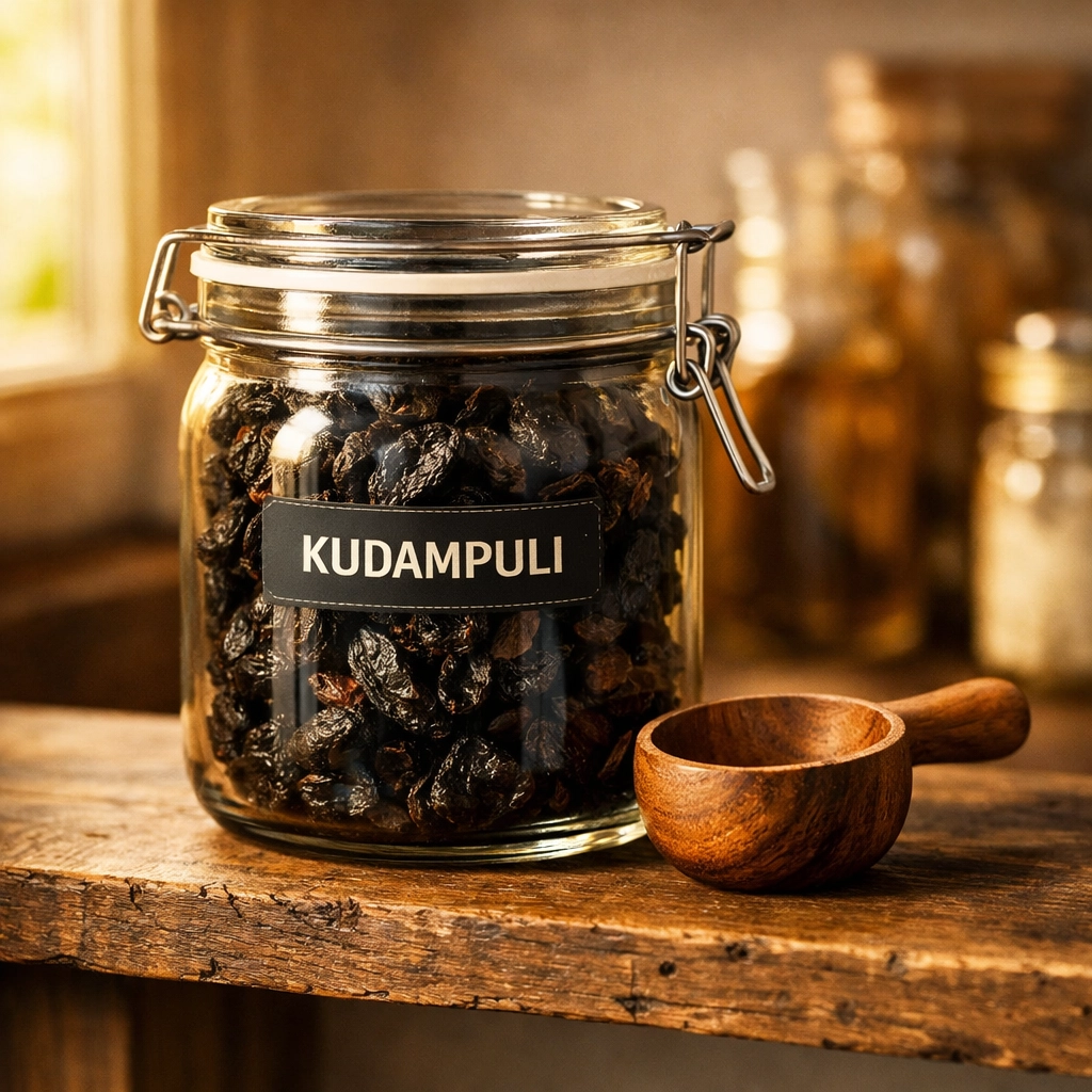 Premium dried Kudampuli in an airtight jar, available to buy online from Malabar.