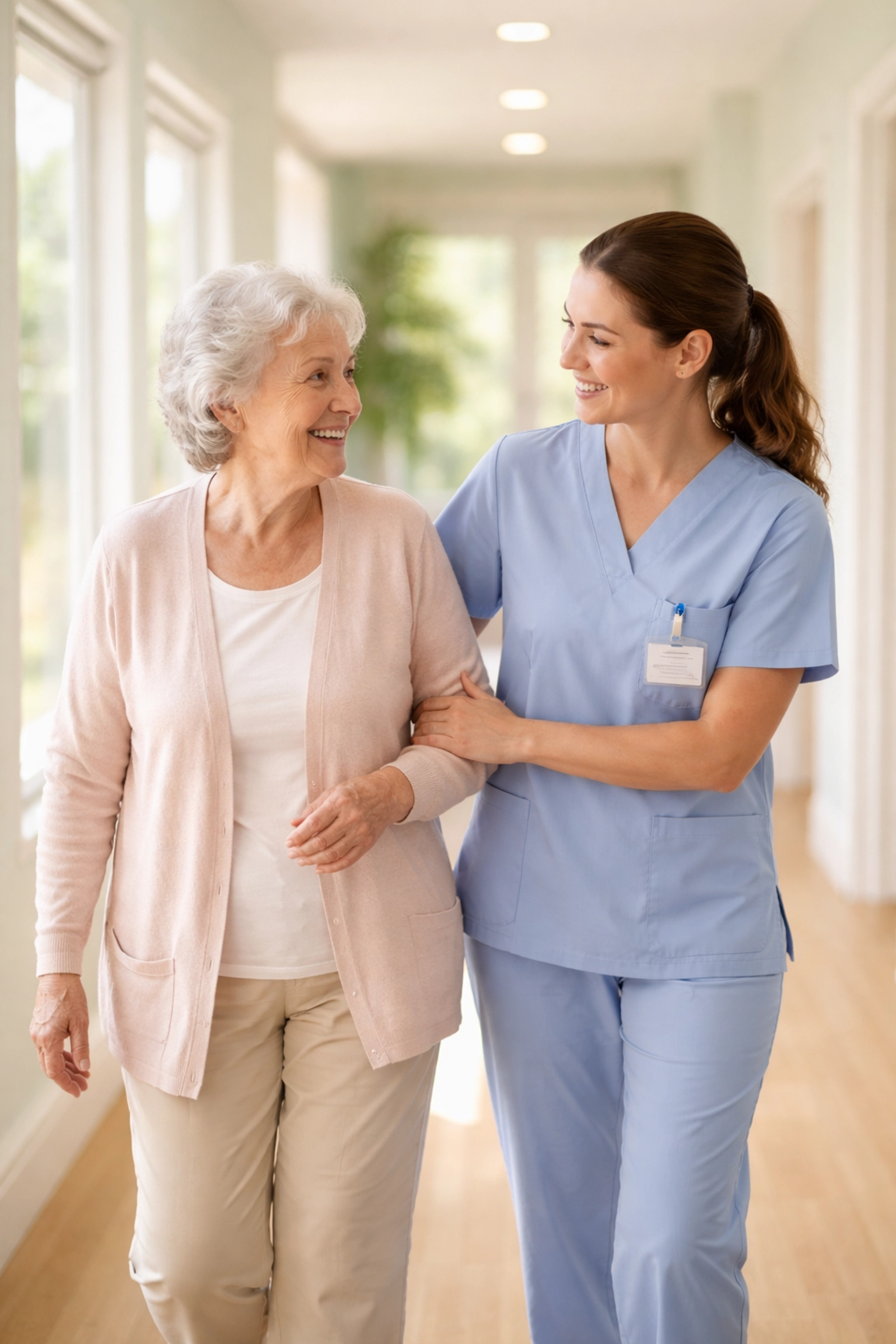Caring staff member assisting a senior resident in a bright hallway at an assisted living Sarasota community.