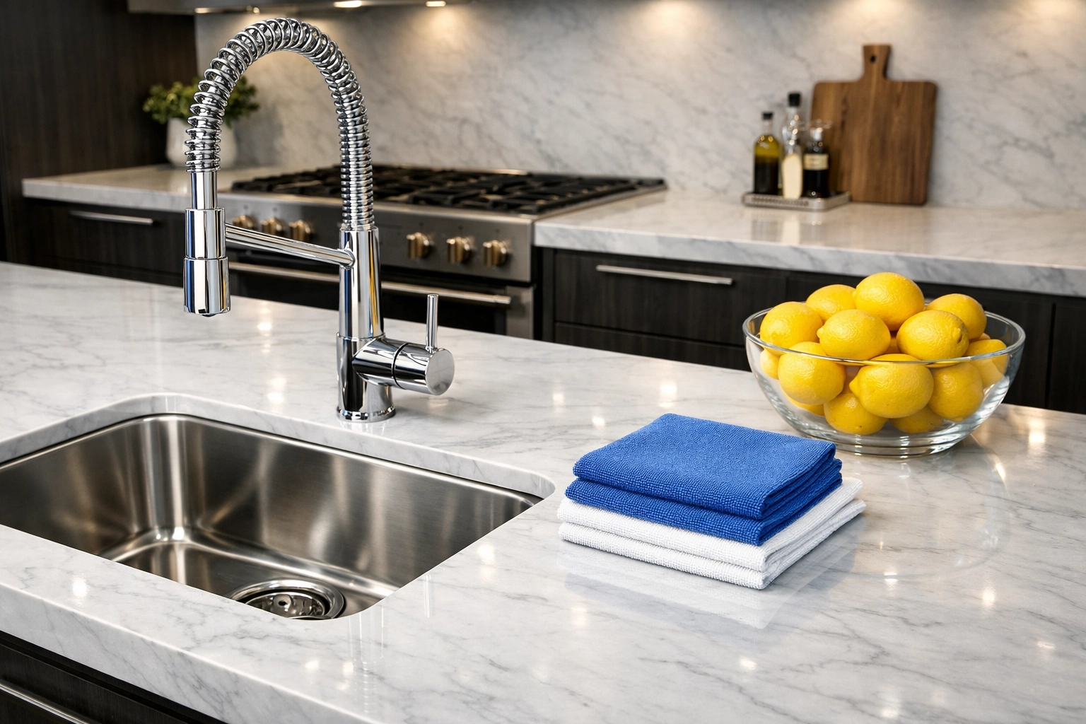 Pristine luxury kitchen with a sparkling sink after a comprehensive move-out cleaning Worcester MA.