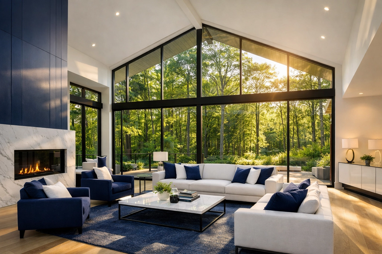 Luxury Carlisle living room with forest views and pristine eco-friendly residential cleaning finishes.