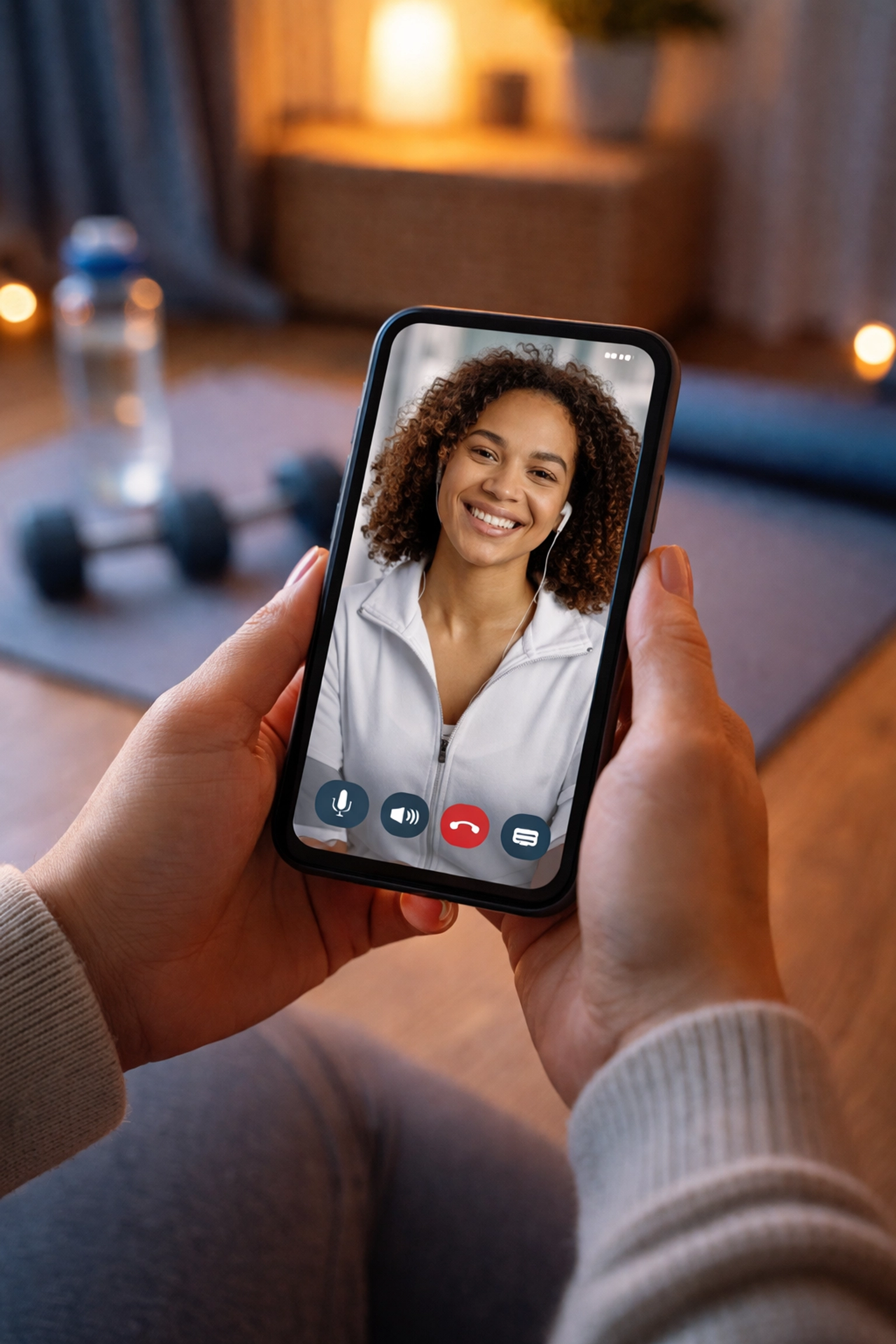 Close-up of hands holding a phone in a video coaching session, highlighting the personal connection in online personal training.