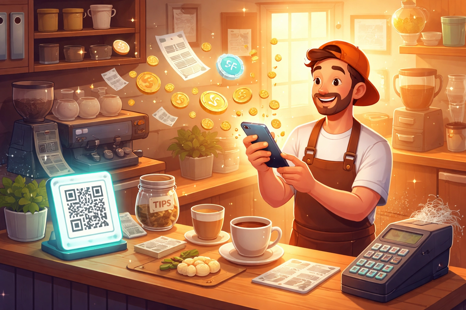 Barista accepting crypto payments on smartphone with NFT receipts, showcasing modern small business POS