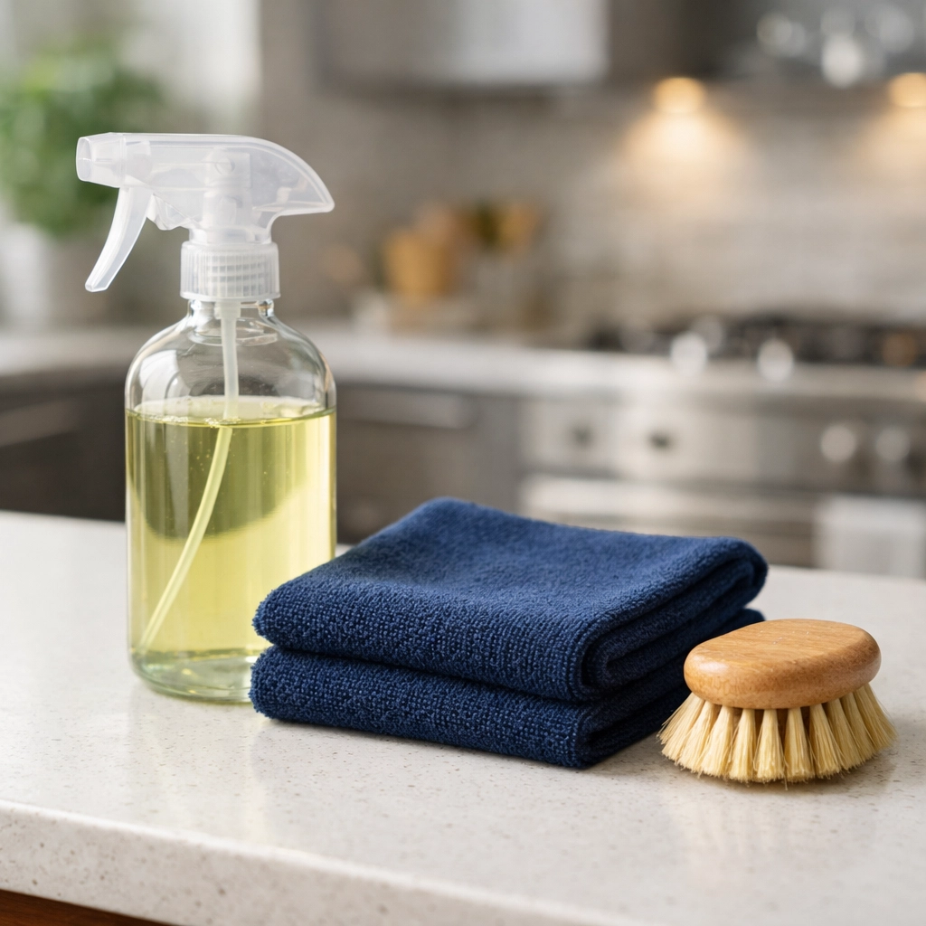 Eco-friendly residential cleaning Massachusetts supplies on a luxury quartz countertop in a modern estate.
