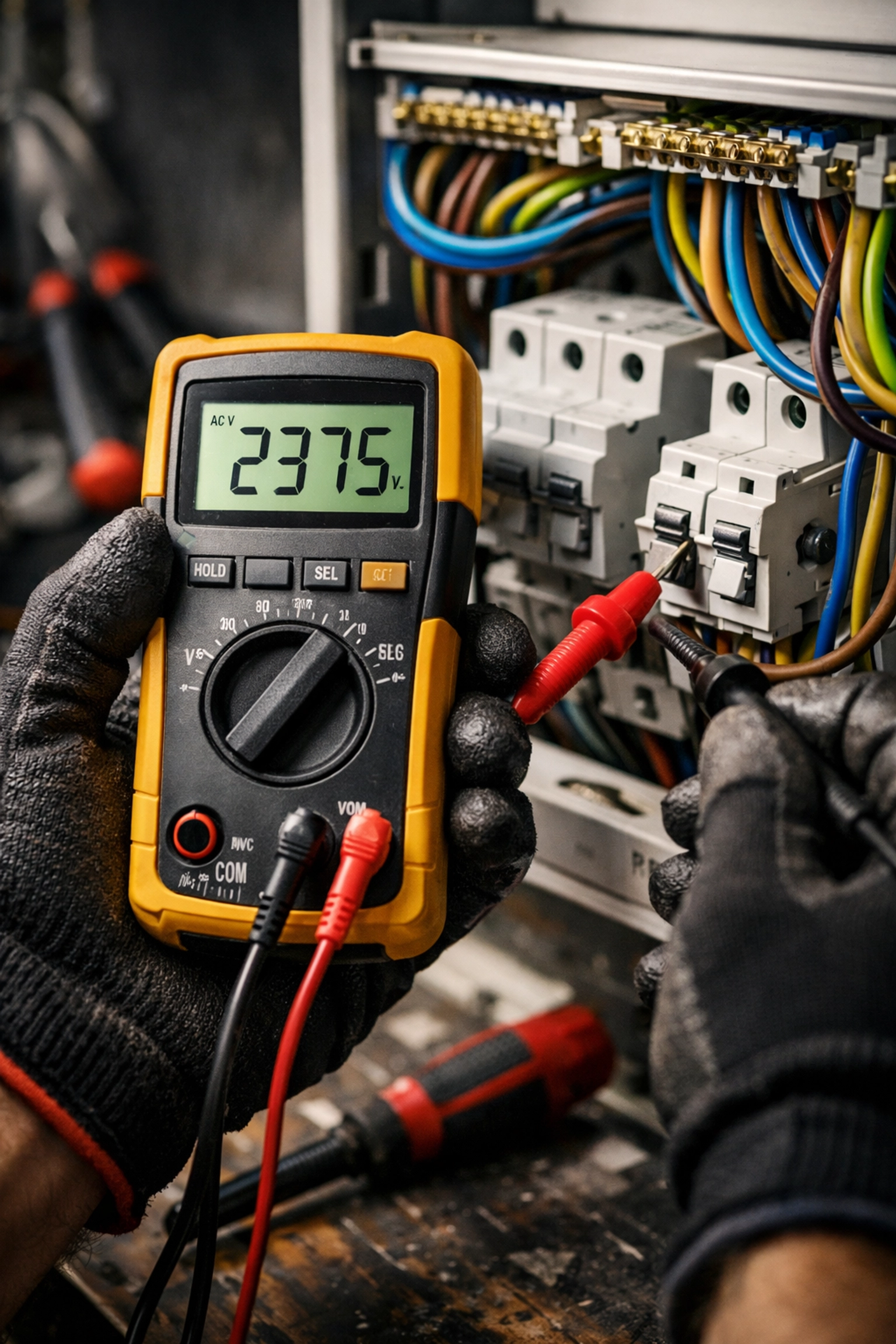 Electrician testing electrical wiring with multimeter during EICR in Rugby home