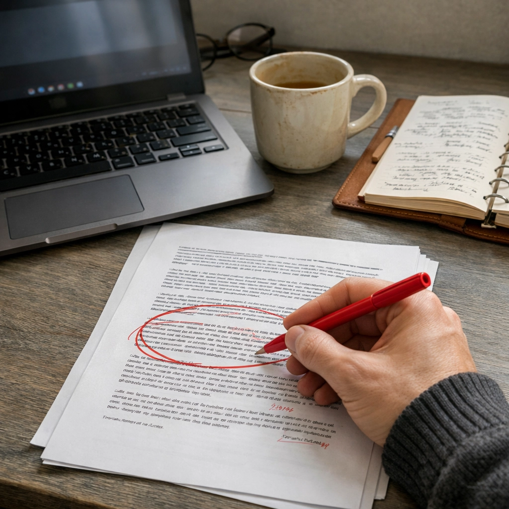 A person hand-editing a printed document, showing the importance of human verification in AI content creation.