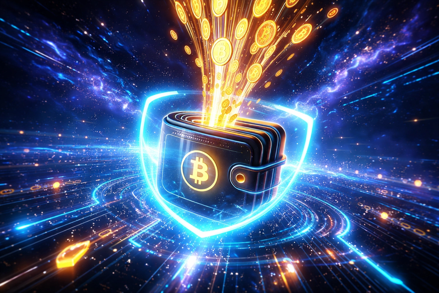 A secure digital wallet protected by a holographic shield, representing self-custody NFT receipts and crypto payments.