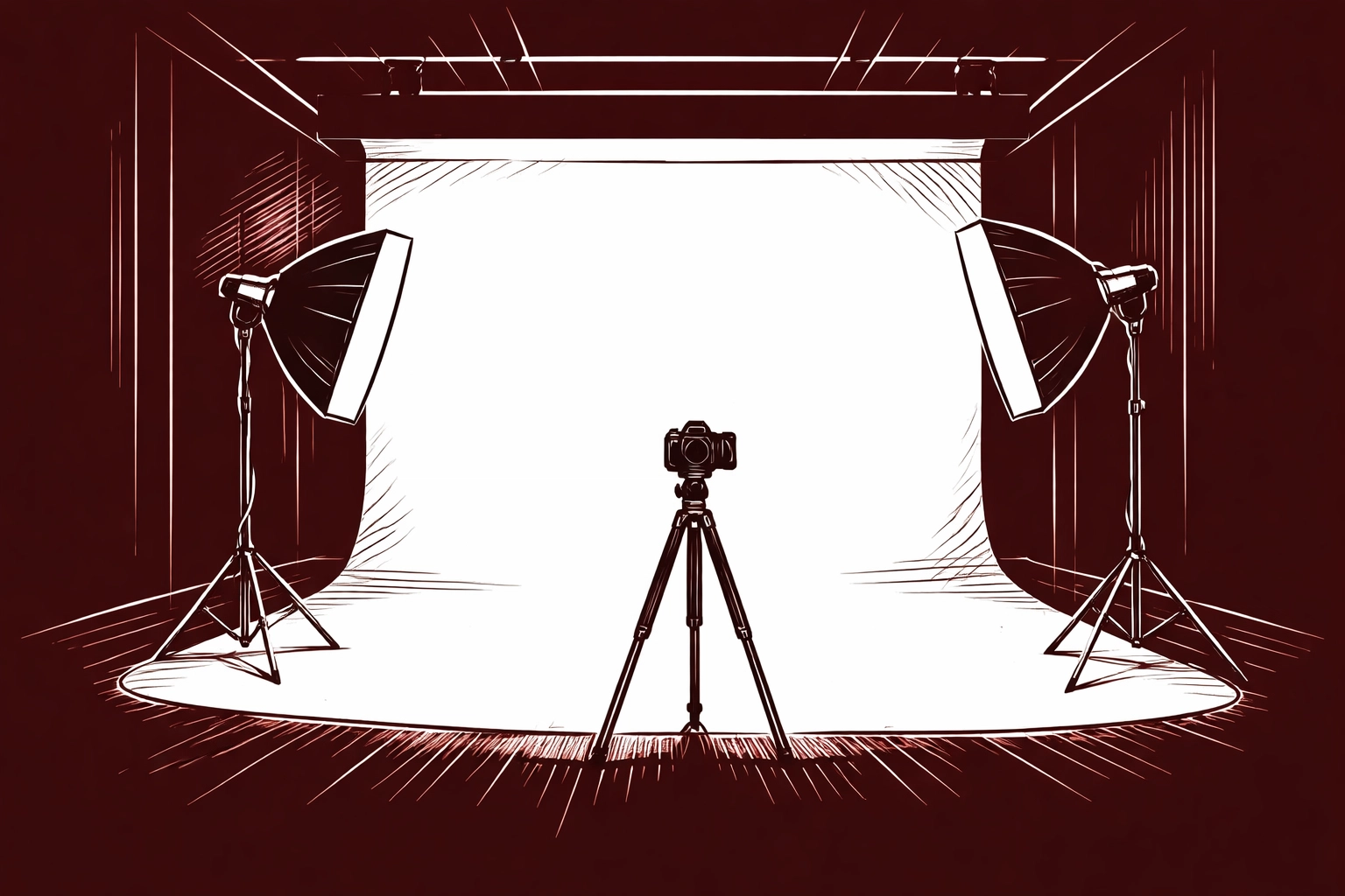 Modern photography studio with cyclorama wall, softbox lights, and camera, showcasing professional facilities in creator hubs.