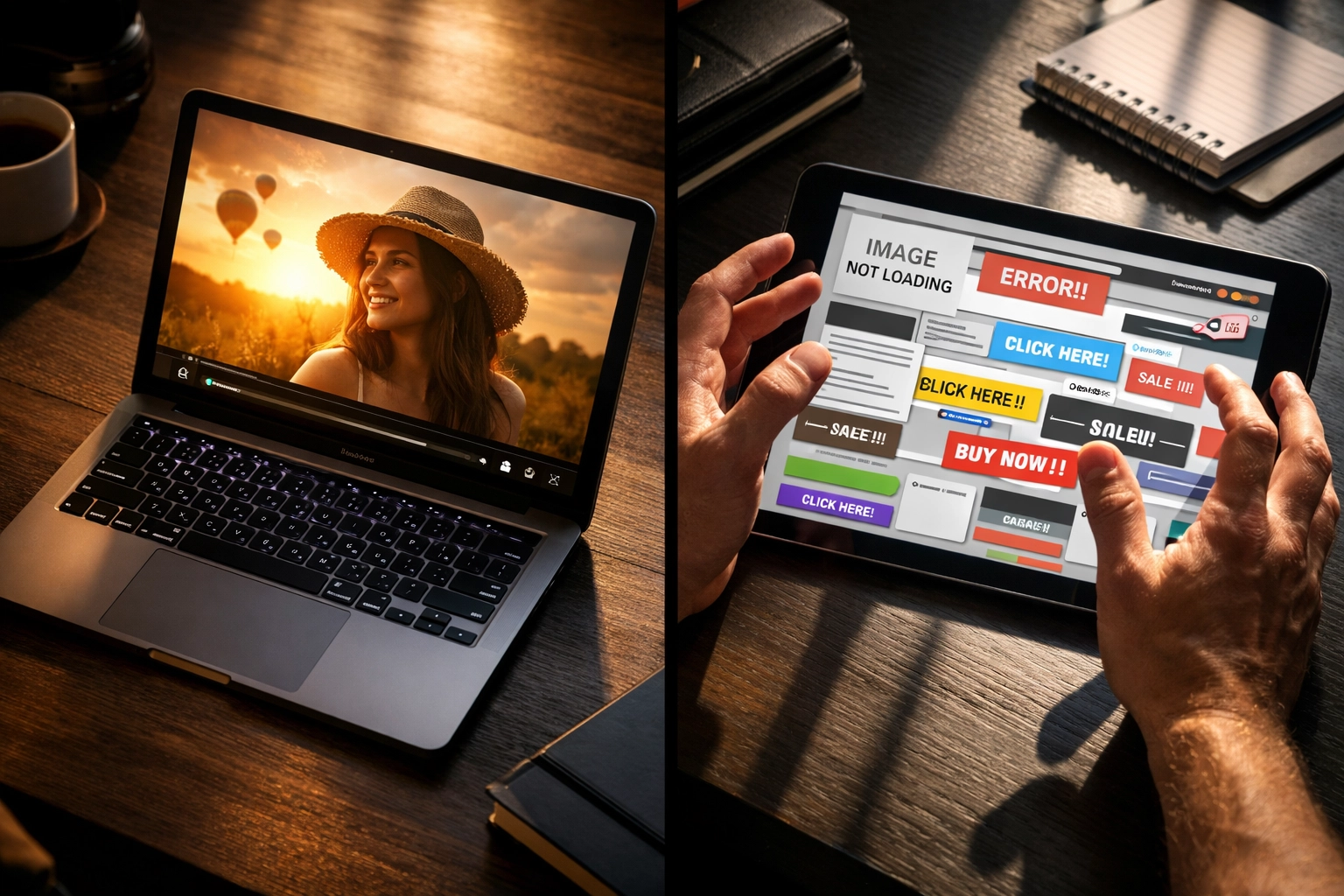 High-quality video on laptop next to poorly designed website showing conversion disconnect