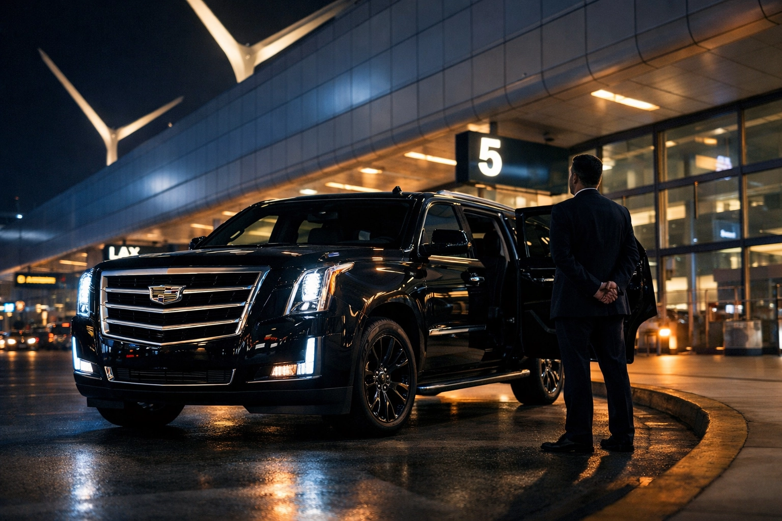 The Standard of Arrival: Why Reliability is the Ultimate Luxury in Orange County Airport Transportation 1 Professional chauffeur and SUV providing airport car service Orange County at LAX terminal