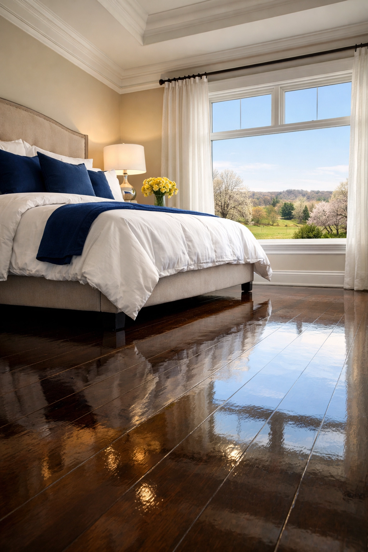 Spotless bedroom with polished floors and clean baseboards after high-end residential cleaning MA services.