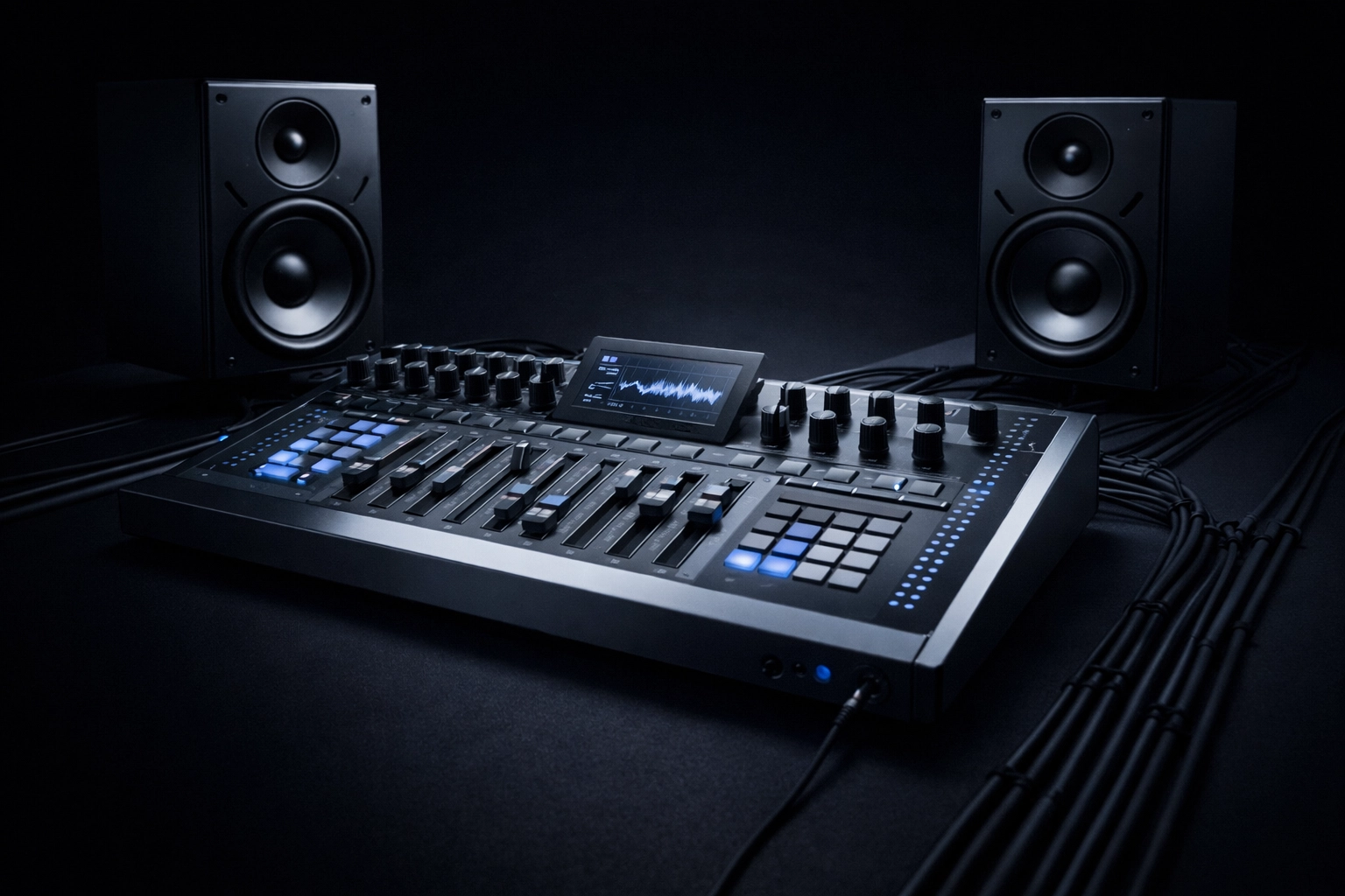 High-end mixing console and studio monitors in a dark minimalist studio, lit with cool silver and deep blue tones.