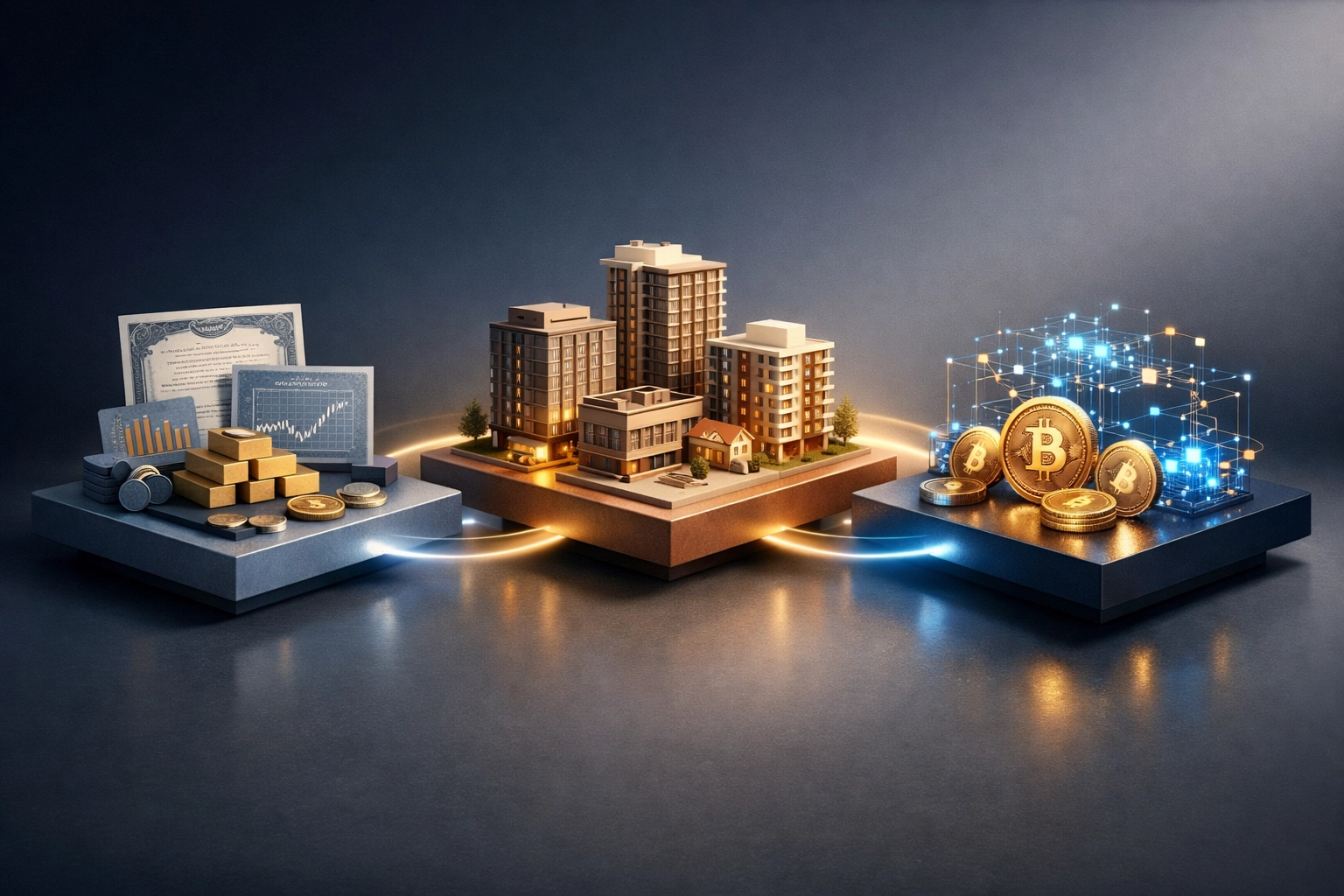Three-pillar investment strategy showing traditional assets, real estate, and cryptocurrency diversification