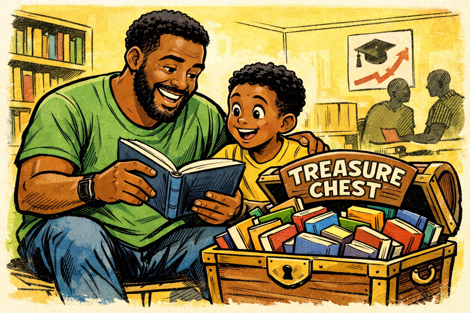 Black father and son reading from a treasure chest of books to promote youth literacy and education.