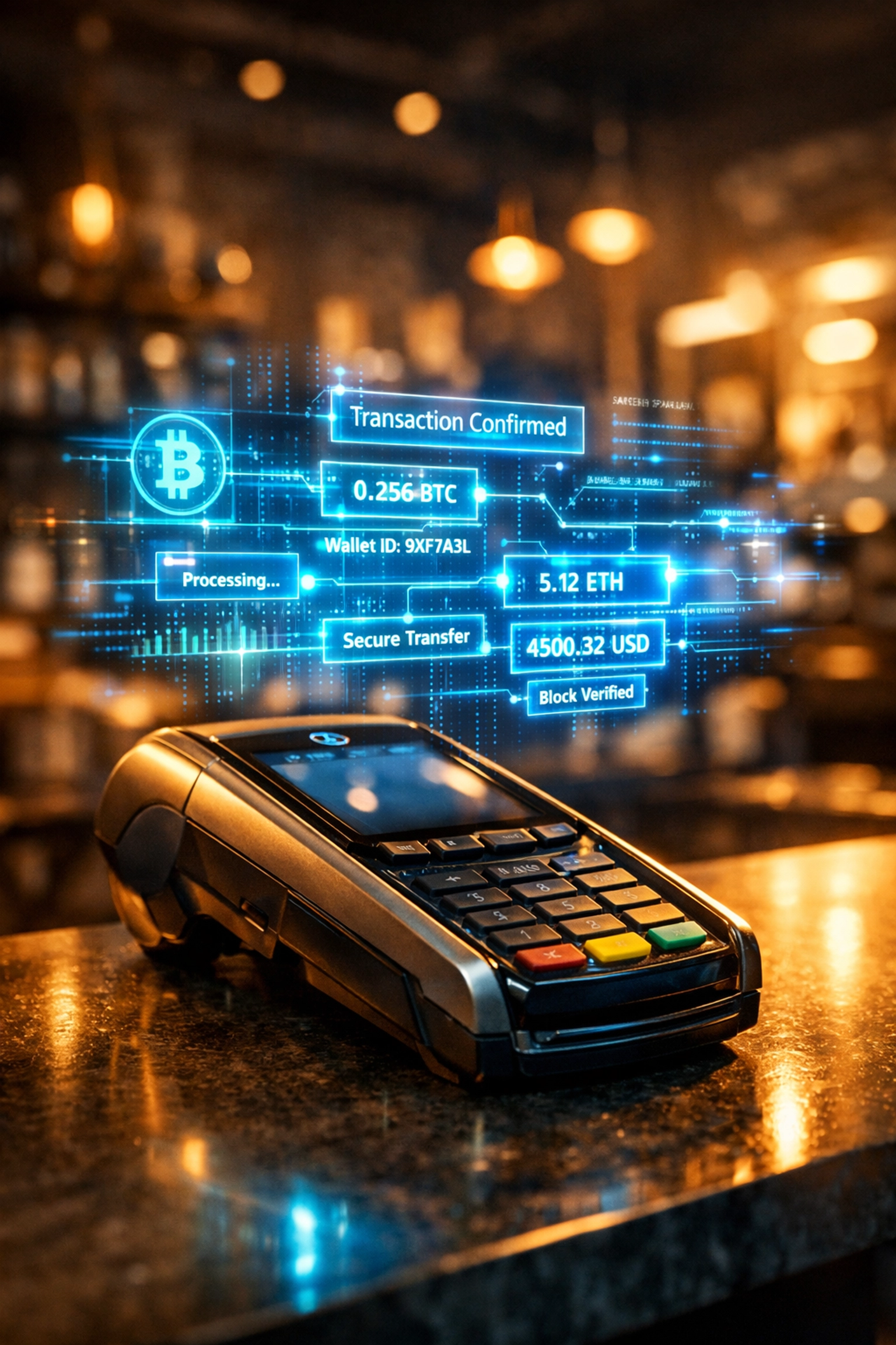 Modern crypto POS system terminal processing blockchain payments in small business