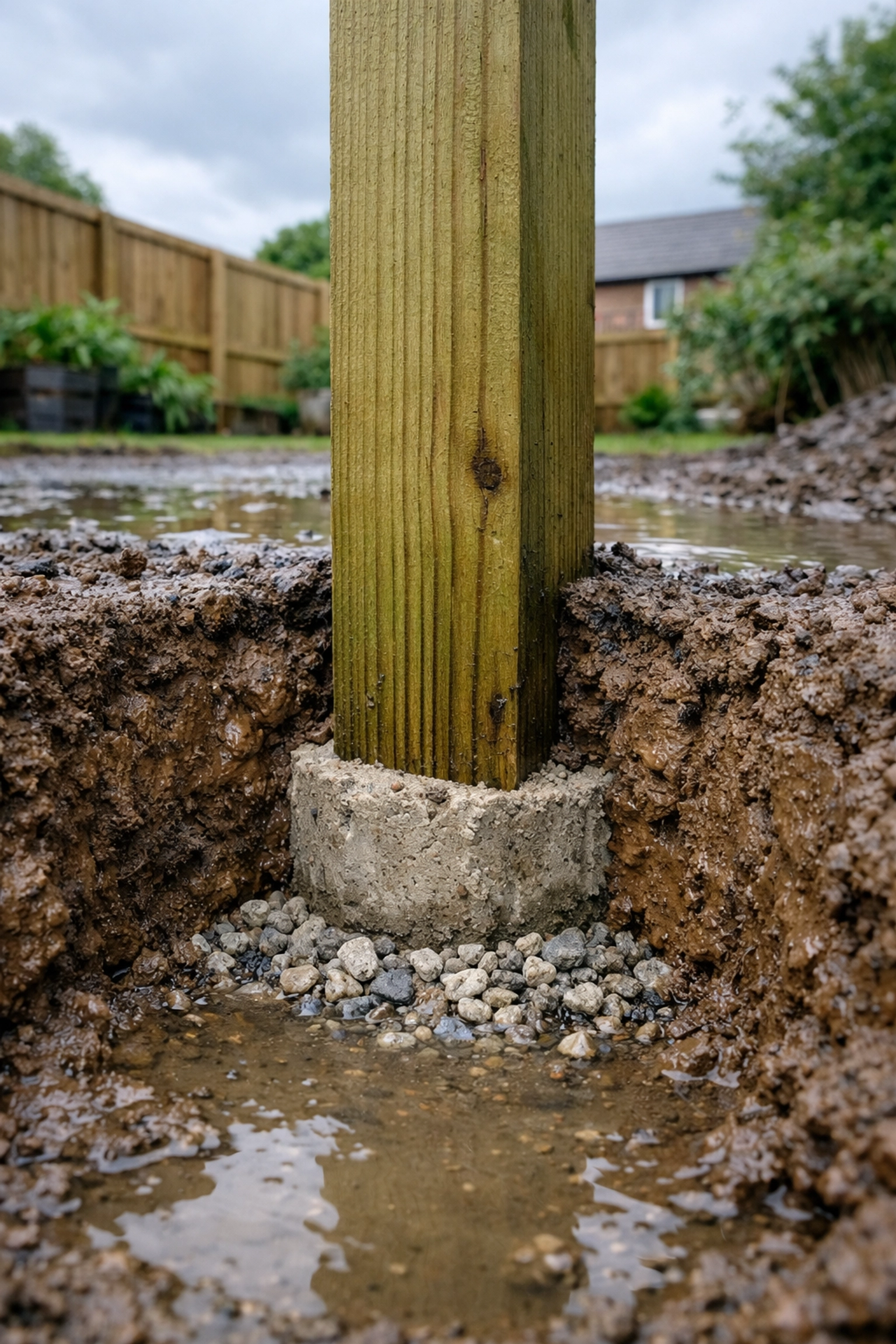 Proper fence post installation with drainage gravel in wet Manchester soil conditions