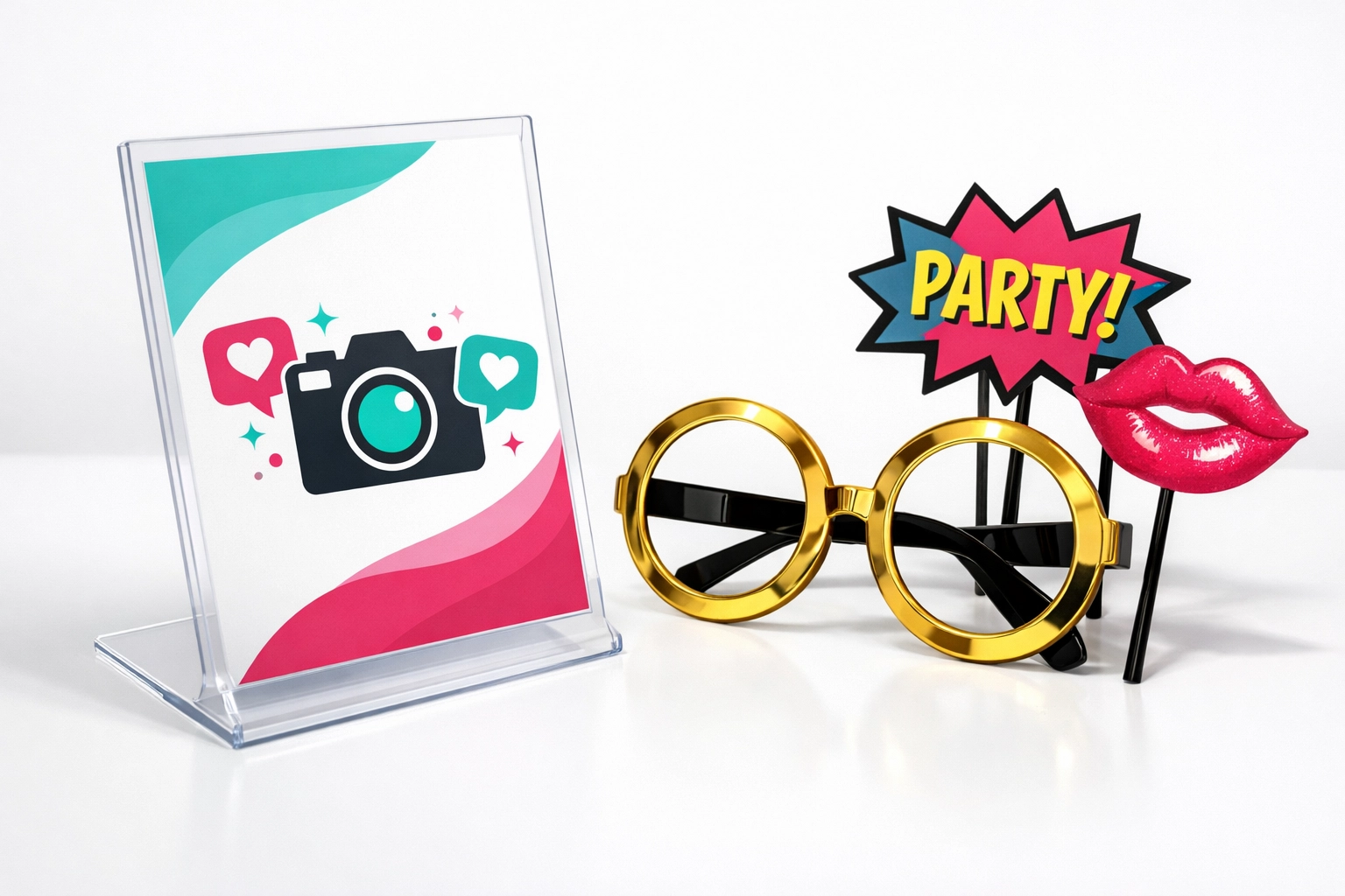 Photo booth marketing sign and event props for social media contest tagging at events.