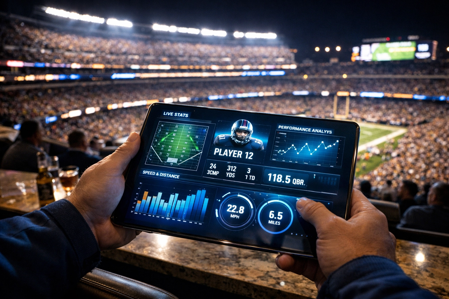 A fan in a stadium suite viewing real-time digital marketing analytics and player data during Super Bowl 2026.