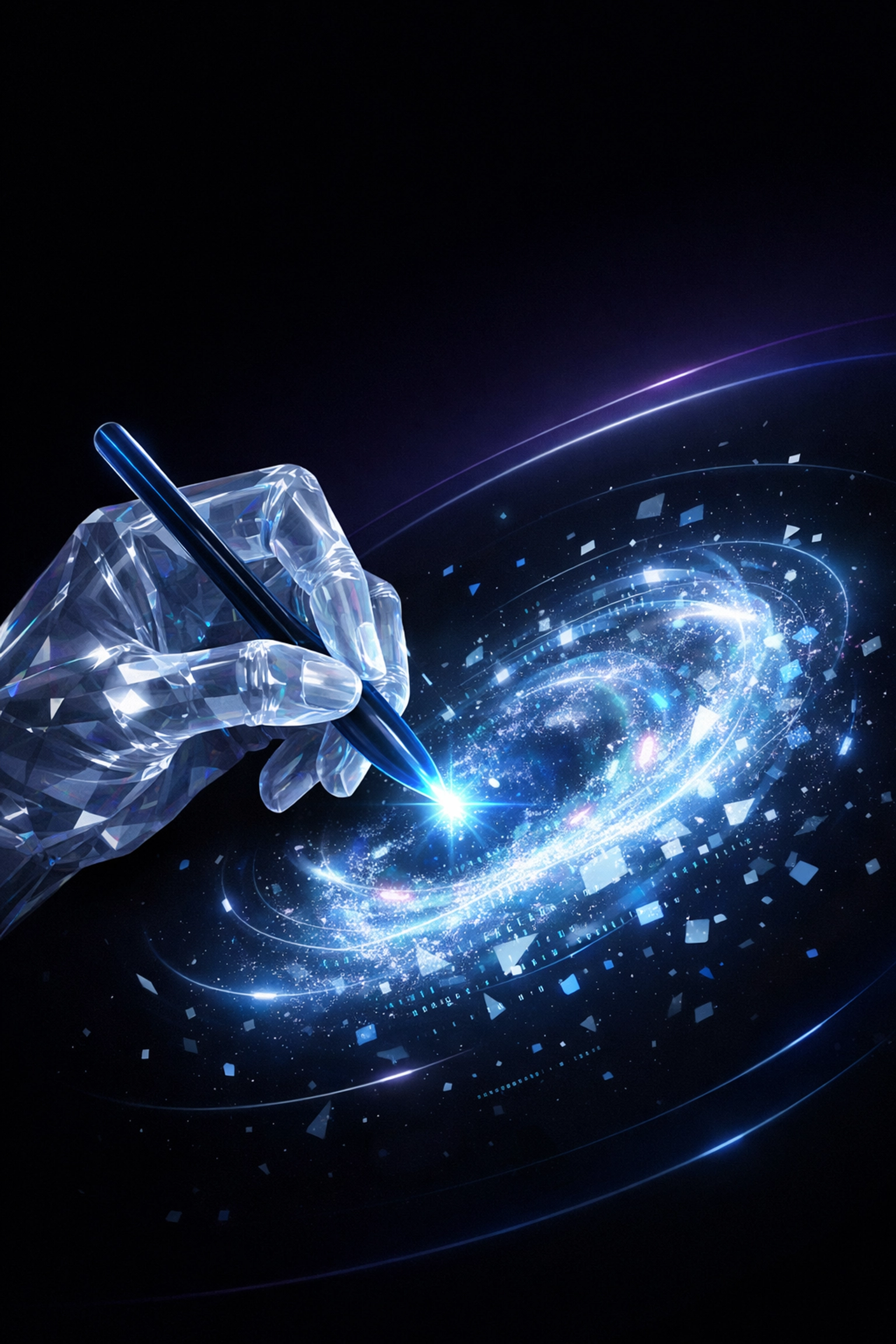 A digital hand refining glowing data particles, representing human editing of AI-generated SEO content.